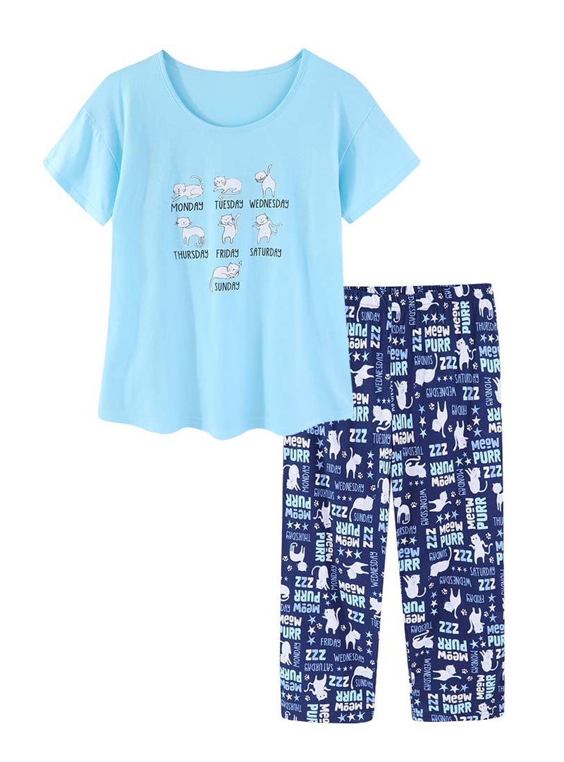 CHUNG Women Cotton Pajama Sets Sleepwear pjs Short Sleeve Shirt Capri Pants with Cute Vivid Print , M , Blue Cat - Image 1